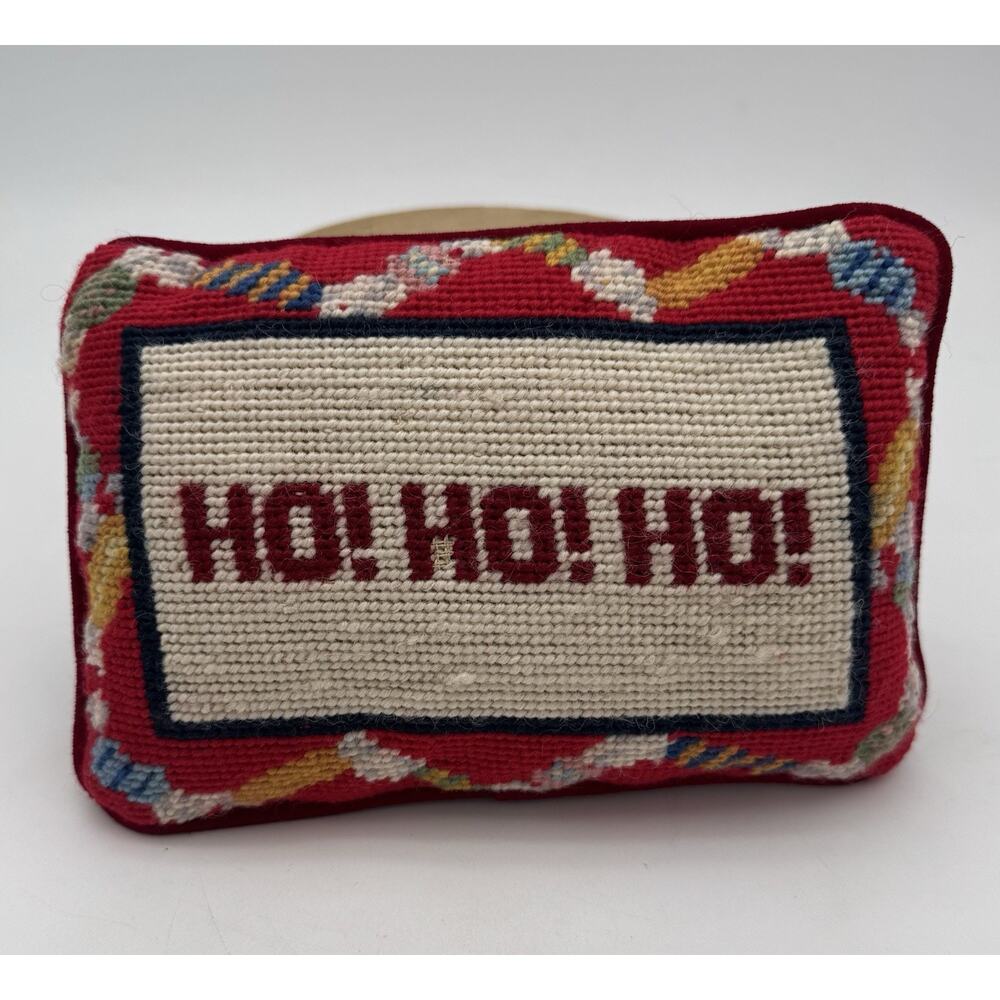 "HO! HO! HO!" Needlepoint Accent Pillow 9” x 6" Christmas Santa